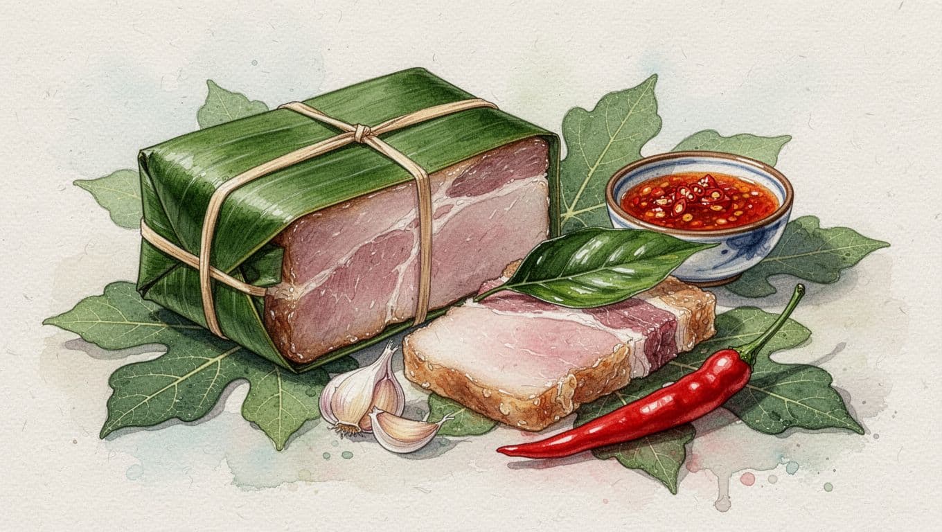 Khối nem chua bọc lá chuối cạnh phần nem hồng, tỏi, ớt và bát nước chấm.