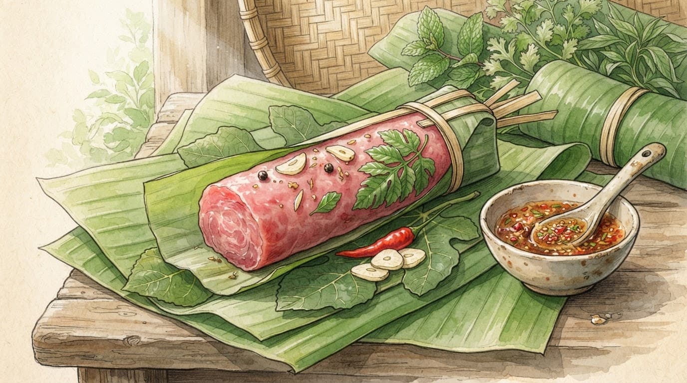 Khoanh nem chua hồng tươi với lá đinh lăng, tỏi và ớt trên nền lá chuối.
