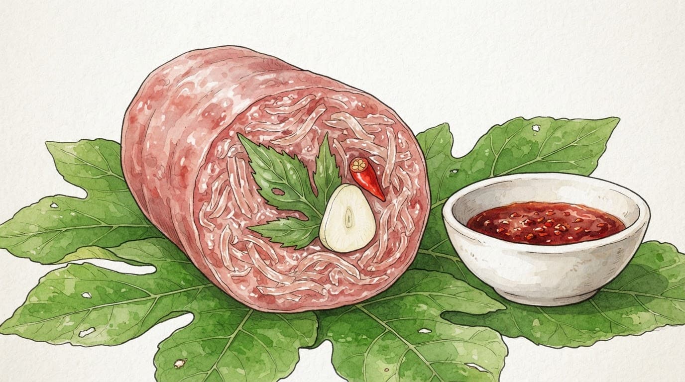 Nem chua mở đôi với bì heo, tỏi, ớt và lá xanh.