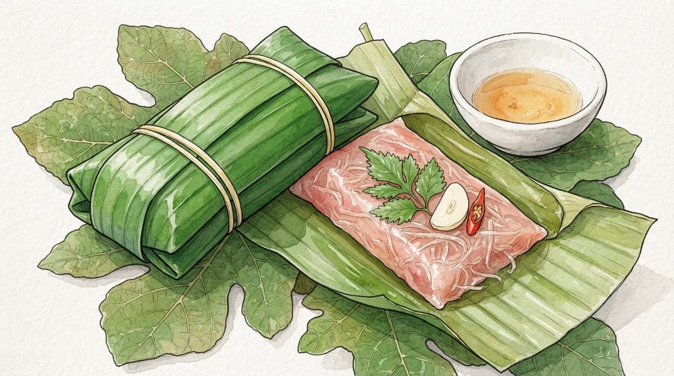 Các phần nem bọc lá, đặt cạnh tỏi, ớt và bát sứ trắng.
