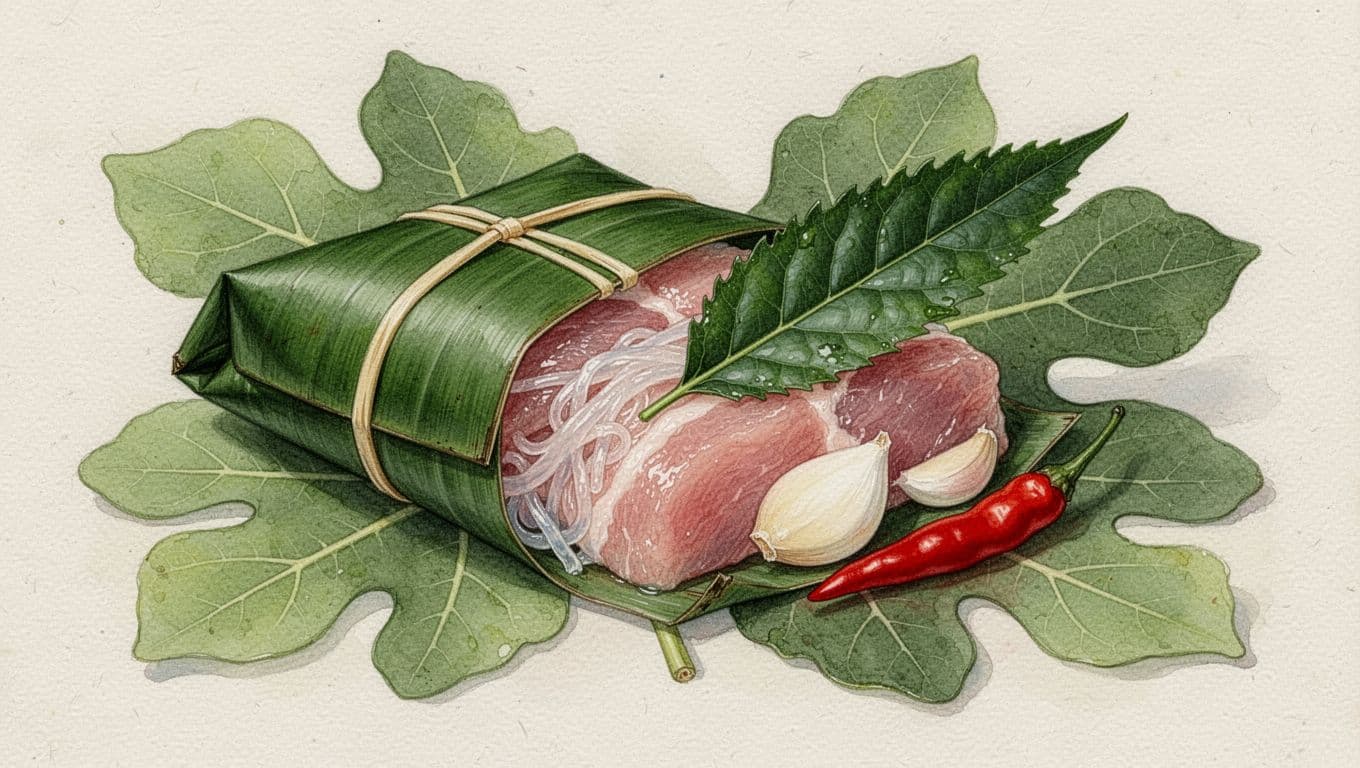Nem chua Thanh Hóa bọc lá chuối, cạnh phần mở có thịt hồng, bì, lá đinh lăng, tỏi và ớt.