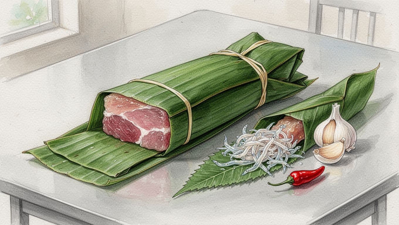 Khối nem gói nhiều lớp lá xanh cùng bì sợi và gia vị