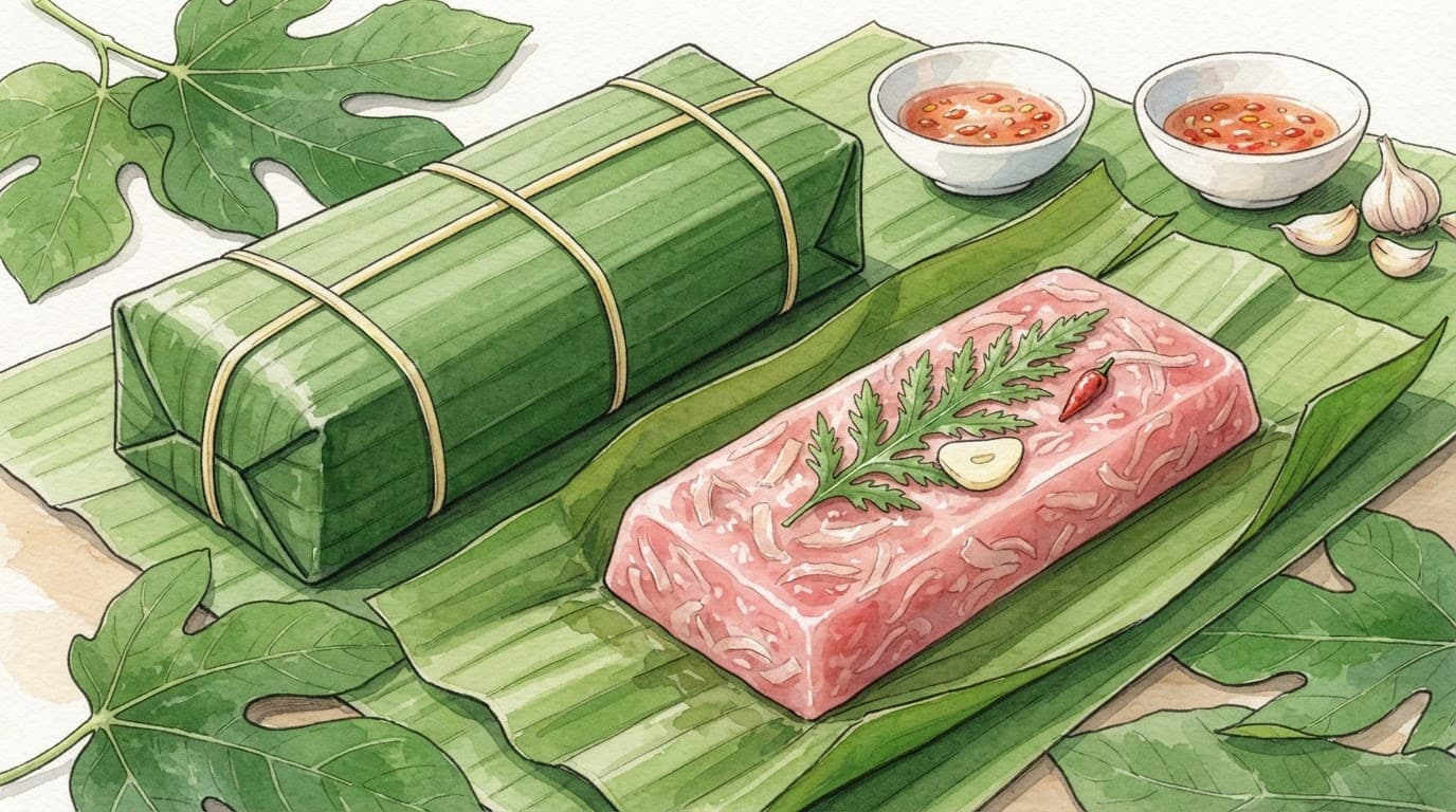 Hai gói nem được bày cùng lá đinh lăng, tỏi và ớt đỏ