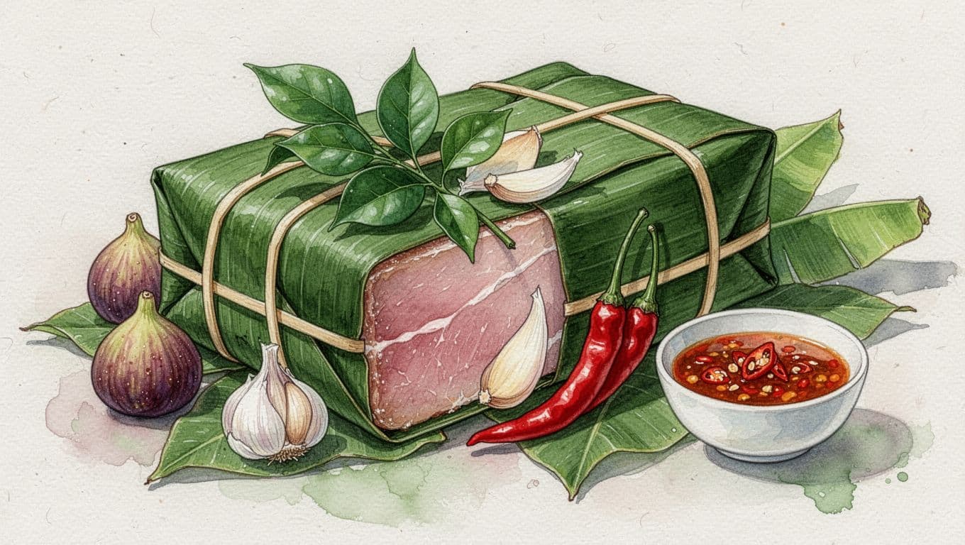 Khối nem chua bọc lá chuối, kèm tỏi, ớt và chén tương ớt.
