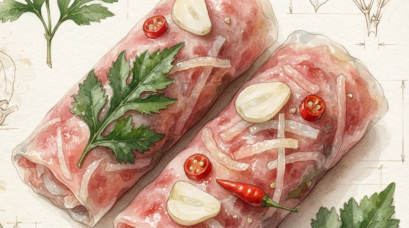 Nem chua hồng với bì, lá đinh lăng, tỏi và ớt đỏ.
