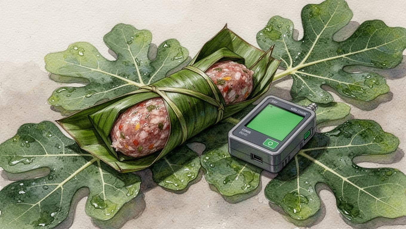 Nem chua bọc lá chuối đặt cạnh thiết bị ghi dữ liệu trên lá sung.