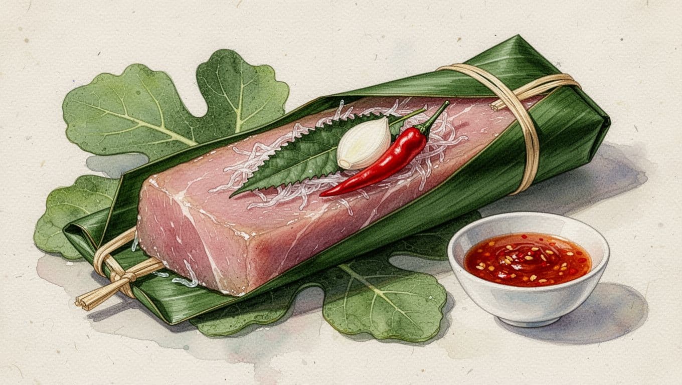 Khối nem bọc lá xanh, kèm lá đinh lăng, tỏi, ớt và chén nước chấm.