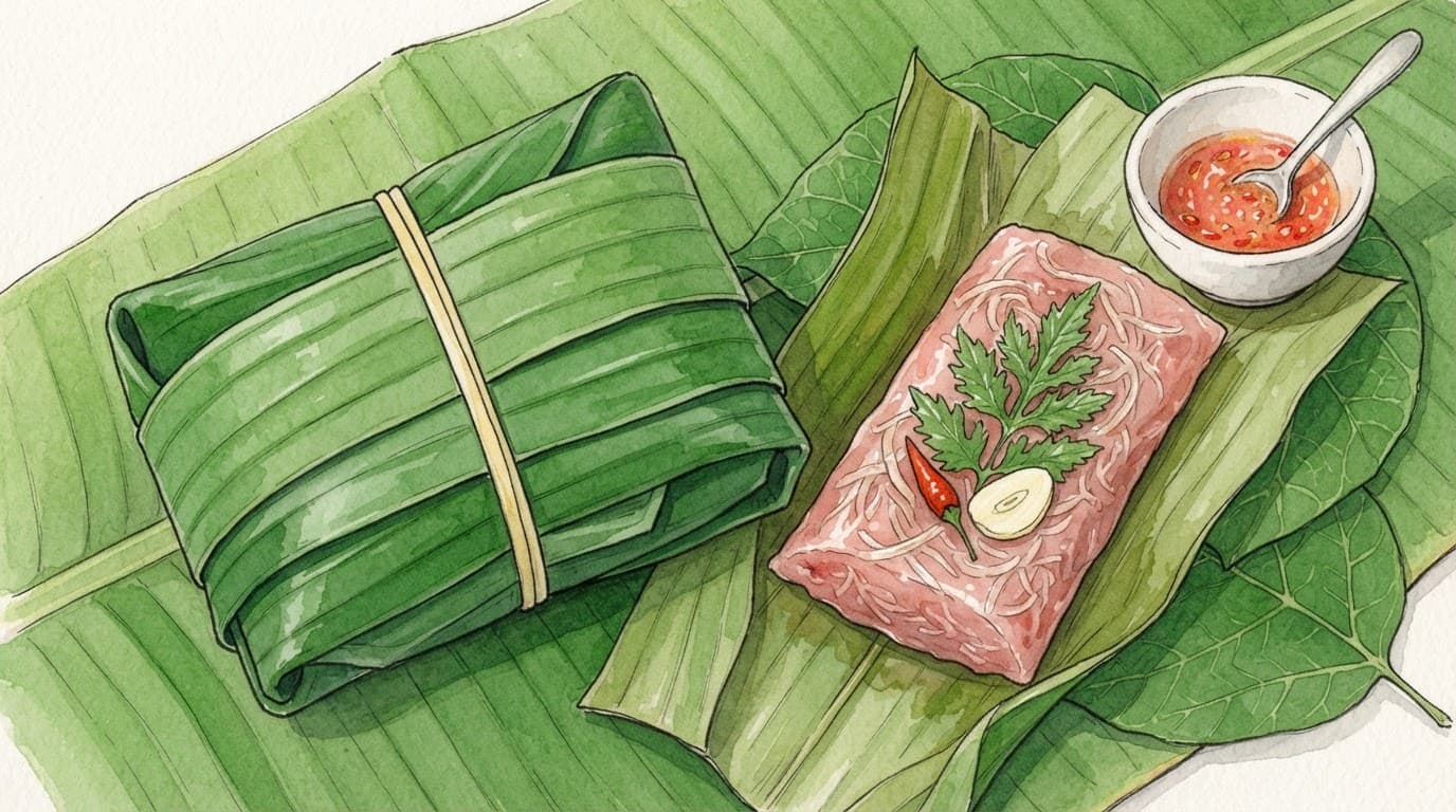 Nem chua mở gói, lộ thịt hồng, sợi bì, tỏi và ớt trên lá chuối.