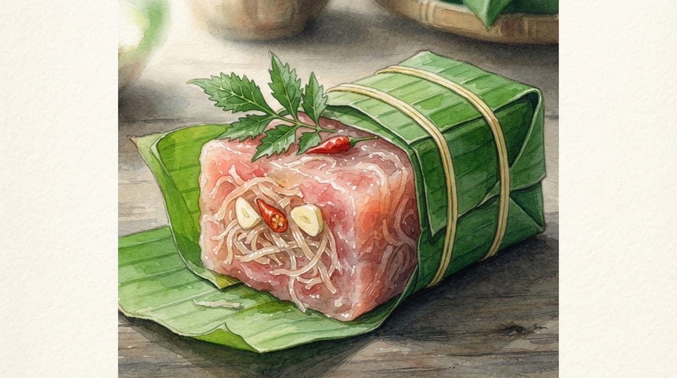 Khối nem chua bọc lá chuối xanh được mở một góc để lộ phần thịt hồng và tỏi ớt.