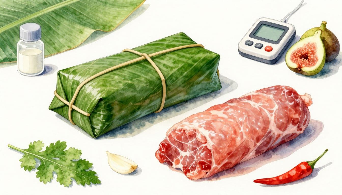Nem chua bọc lá chuối đặt cạnh bút đo pH và phần nem hé mở.