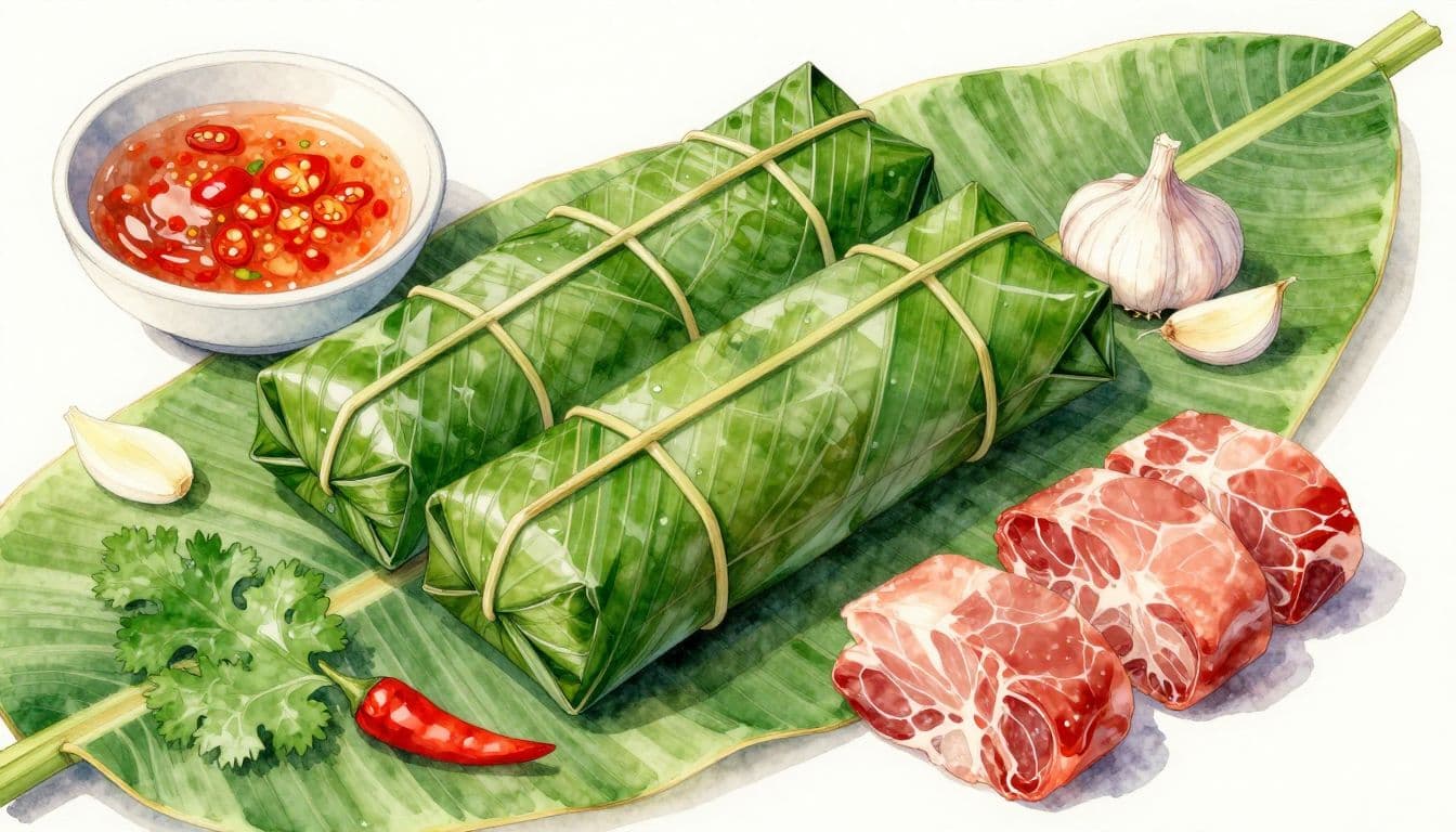 Các gói nem chua bọc lá chuối đặt cạnh chén gia vị, tỏi và ớt đỏ.