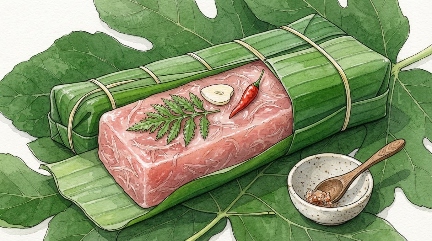 Nem chua bọc lá chuối, lộ phần thịt hồng cùng tỏi, ớt và lá xanh.