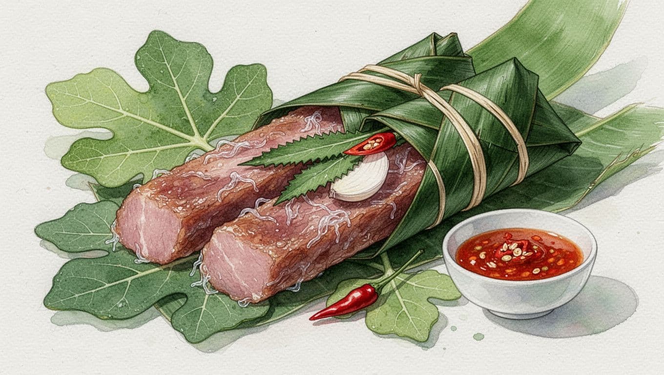 Các gói nem chua bọc lá đặt trên lá sung cạnh bát tương ớt.