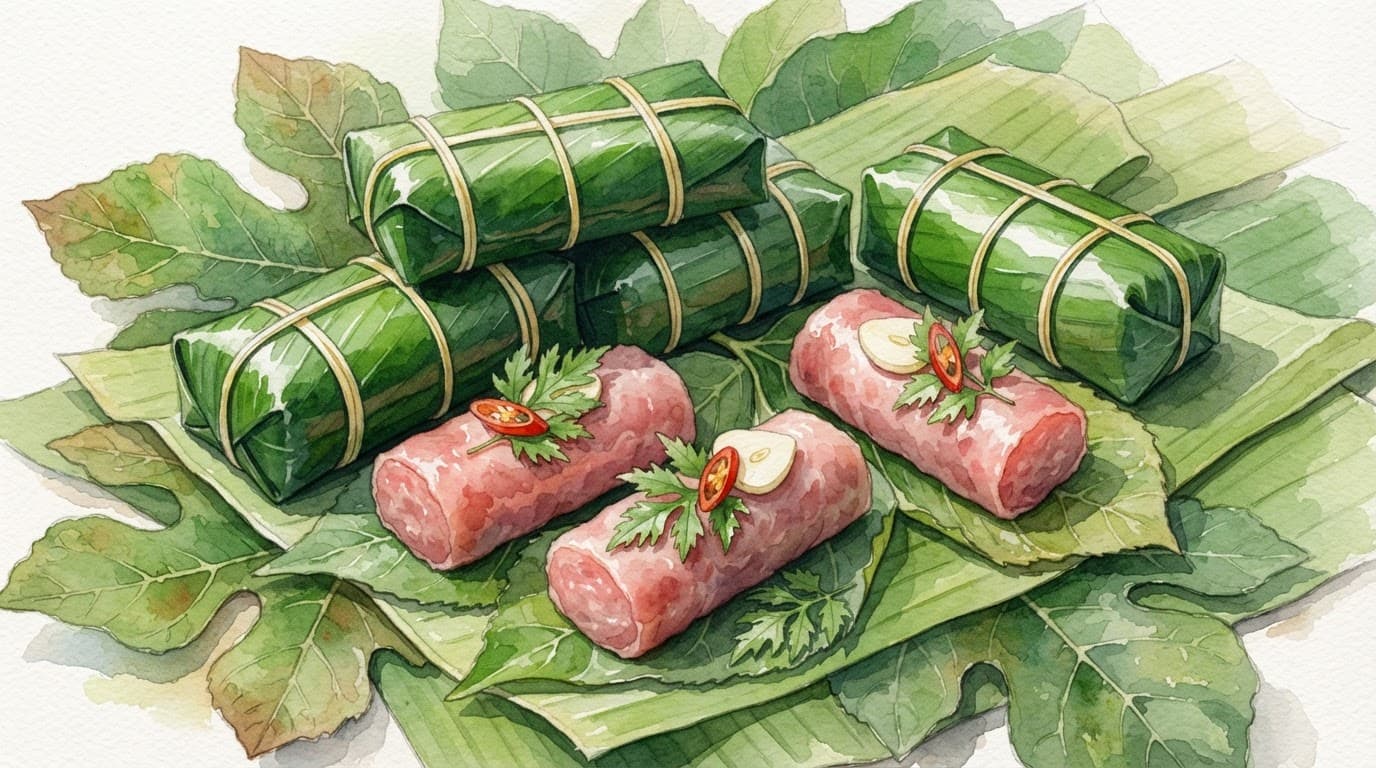 Nem chua Thanh Hóa gói lá chuối kèm tỏi ớt và lá đinh lăng.