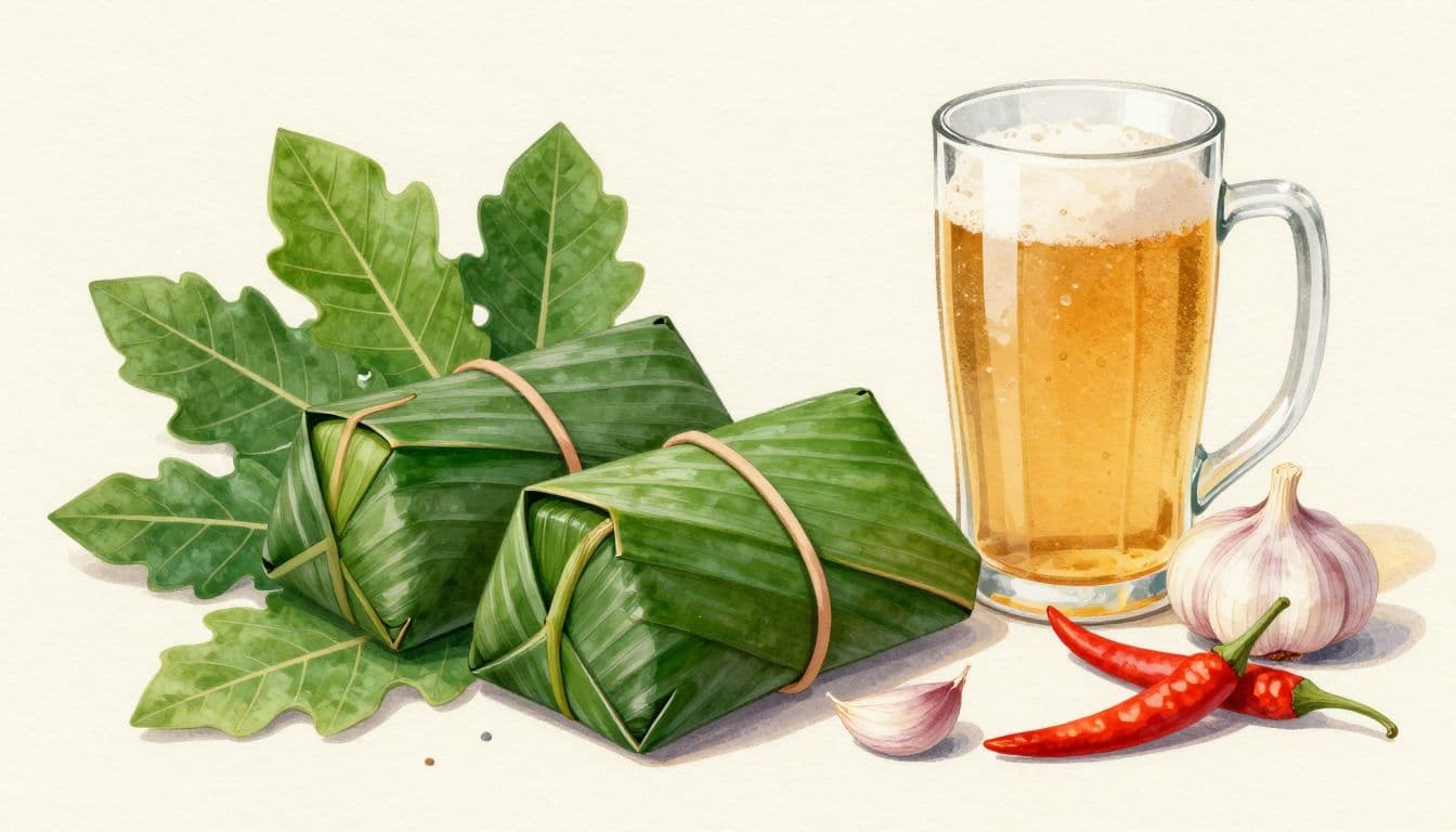 Nem chua lên men bọc lá chuối bên bia