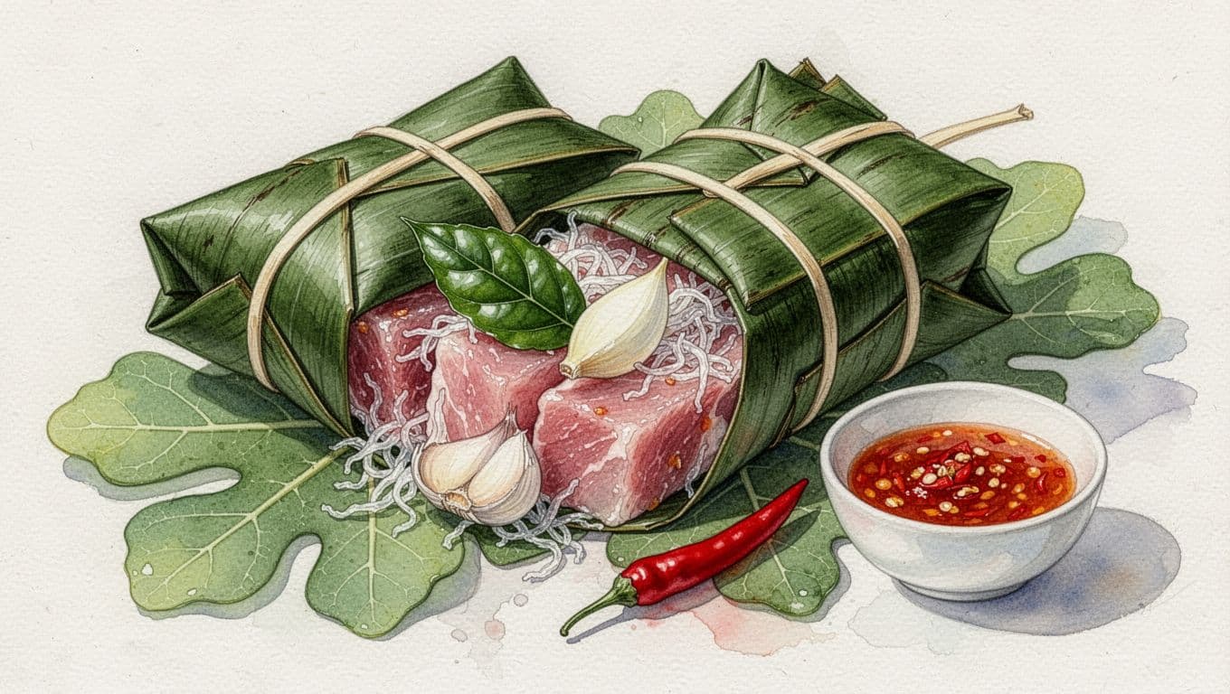 Nem chua Thanh Hóa bọc lá chuối, kèm tỏi, ớt, lá đinh lăng và chén tương trên lá sung.