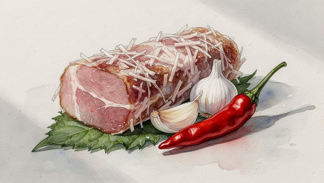 Nem chua hồng với sợi bì, lá thảo mộc, lát tỏi và ớt đỏ.