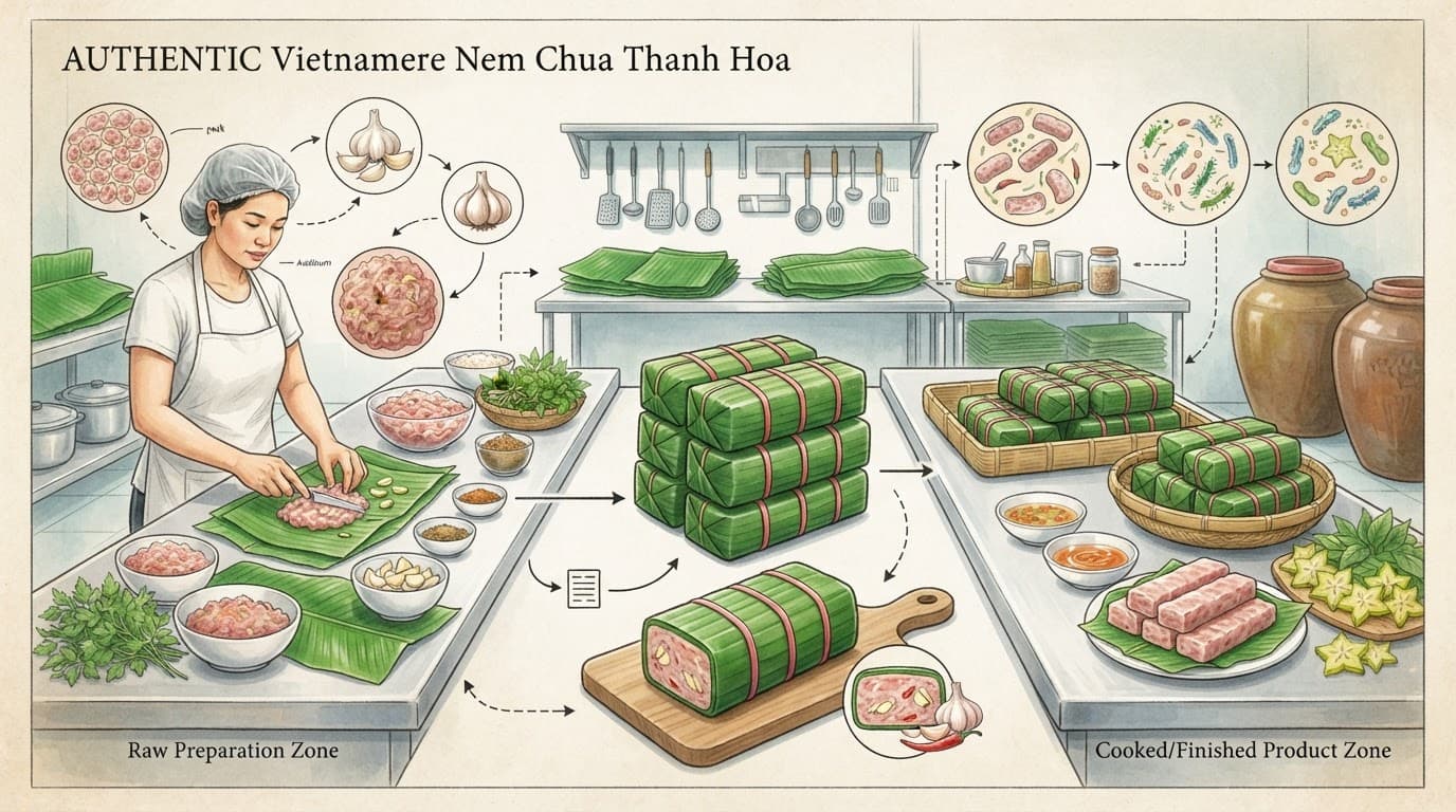 Khối nem chua bọc lá chuối cạnh các khu sơ chế inox.