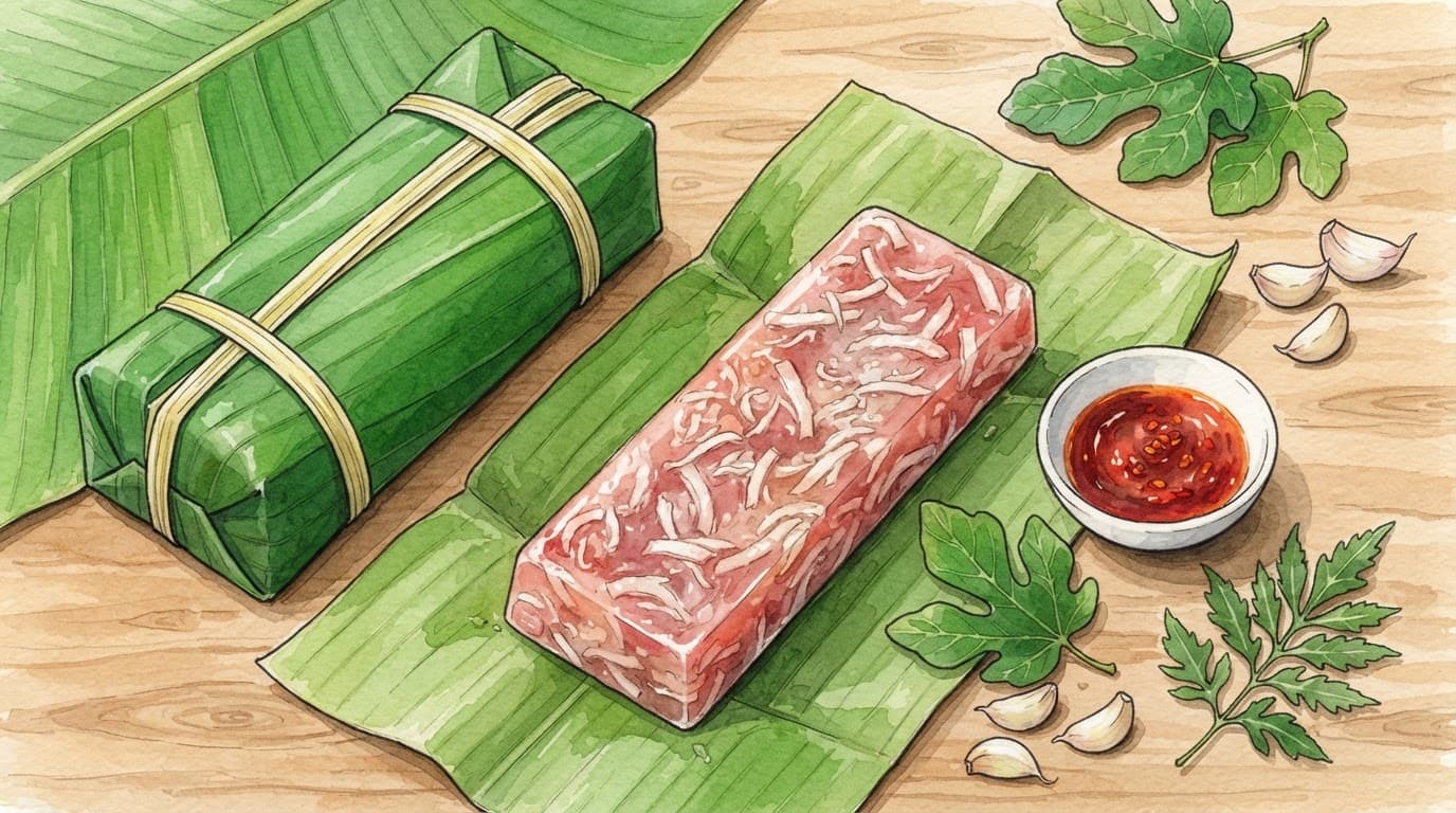 Miếng nem hồng và gói nem lá chuối cạnh bát tương ớt, lá sung cùng tỏi.