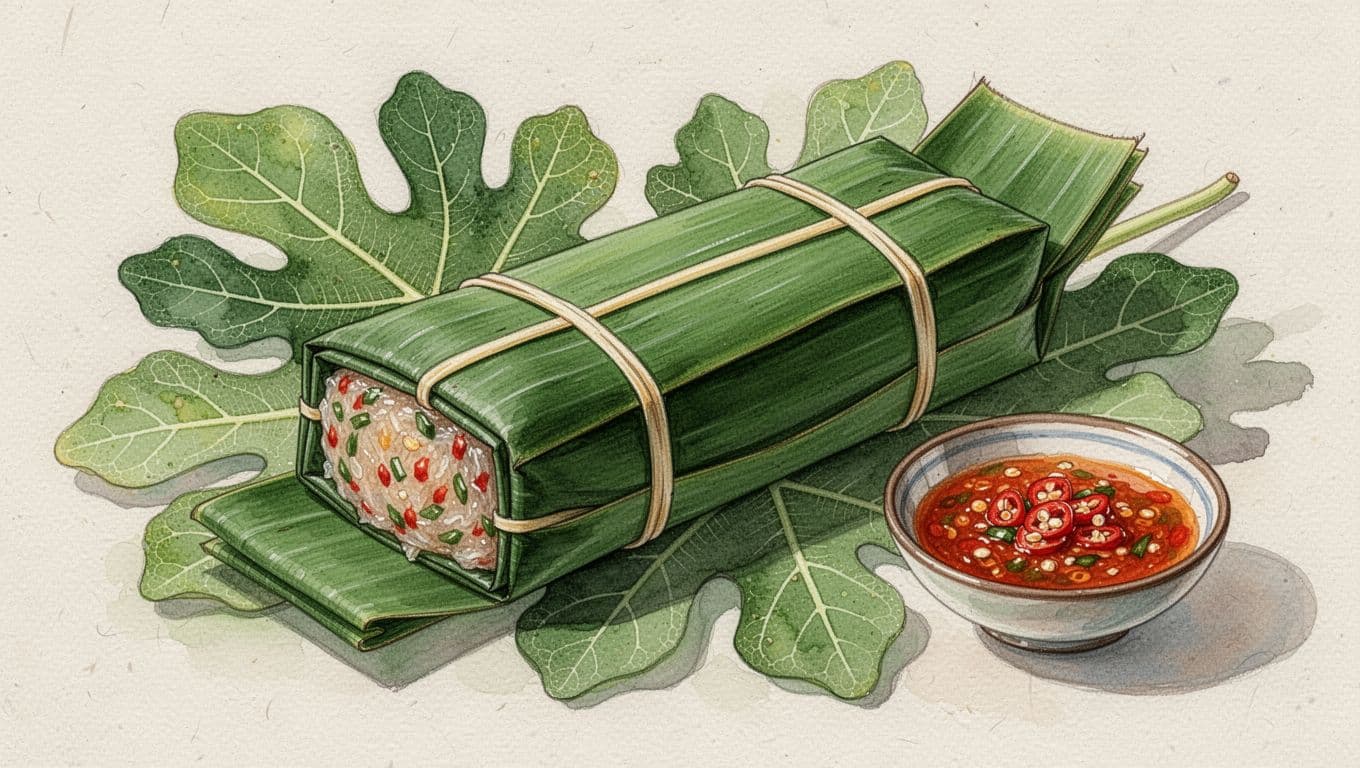 Nem chua bọc lá chuối xanh đặt trên lá sung cạnh bát tương ớt.