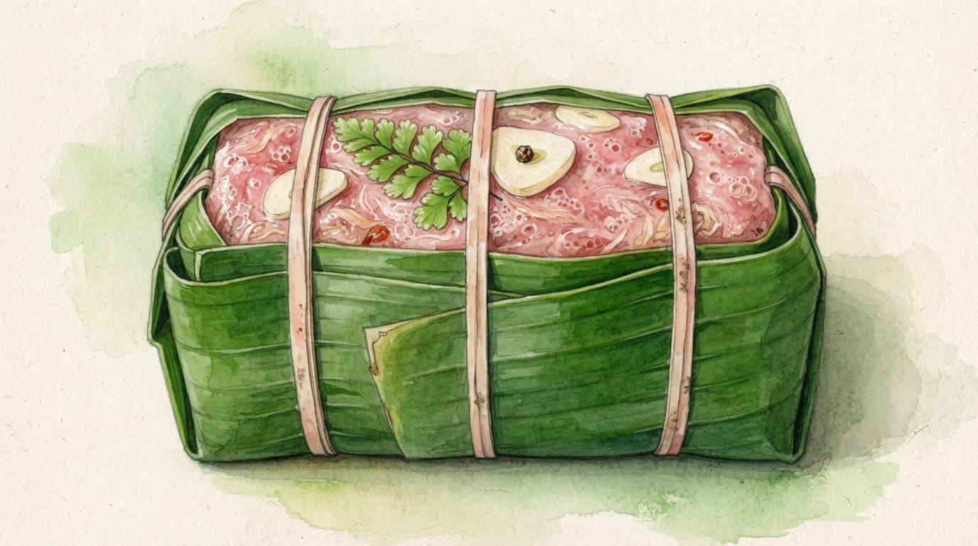 Khối nem chua hình chữ nhật bọc lá chuối, buộc dây cao su, có lá dương xỉ và tép tỏi.