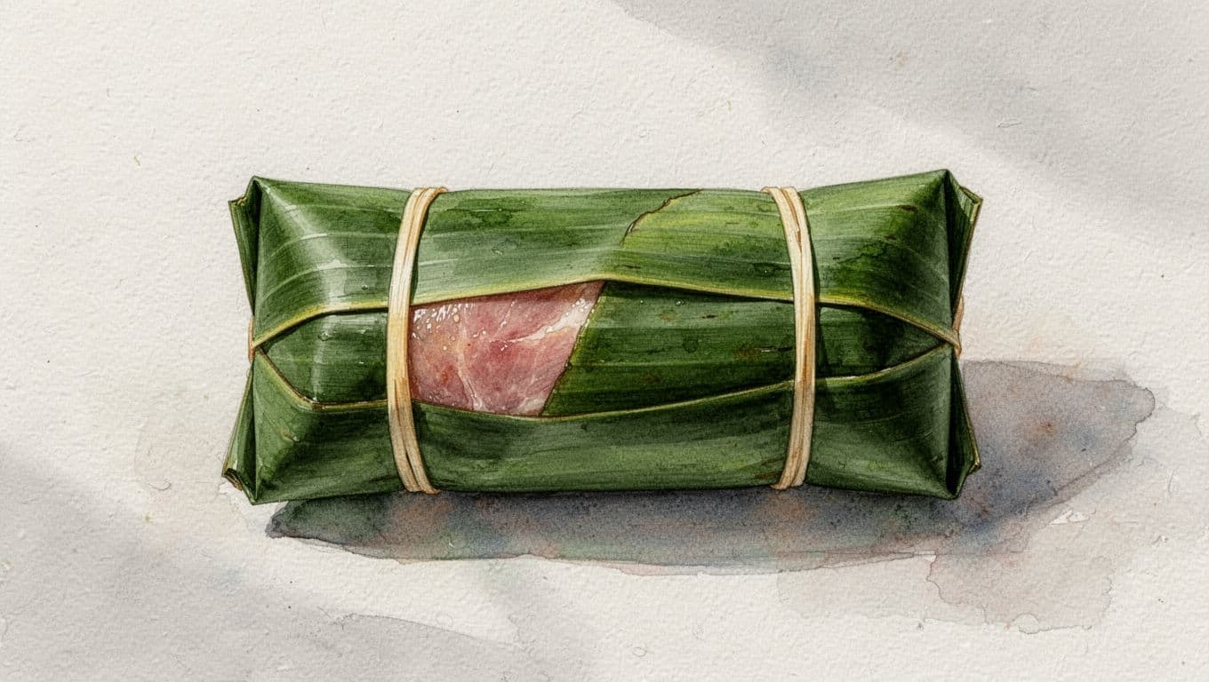 Khối sản phẩm lên men Thanh Hóa bọc lá chuối xanh với dây cao su vàng buộc dọc hai đầu.