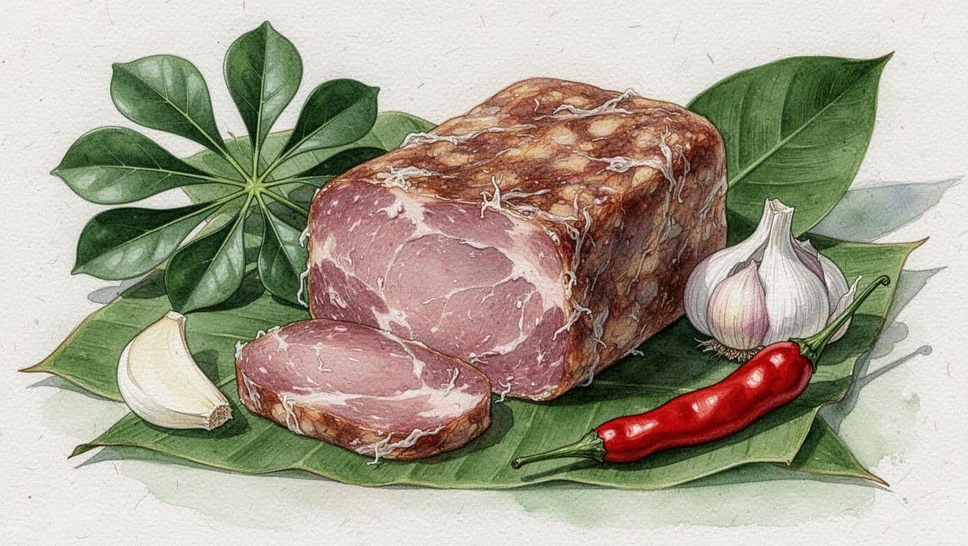 Lát nem chua hồng với sợi bì, lá đinh lăng, tỏi và ớt trên lá chuối xanh.