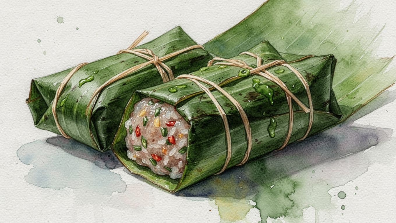 Các gói nem chua bọc lá chuối xanh được buộc bằng dây cao su.