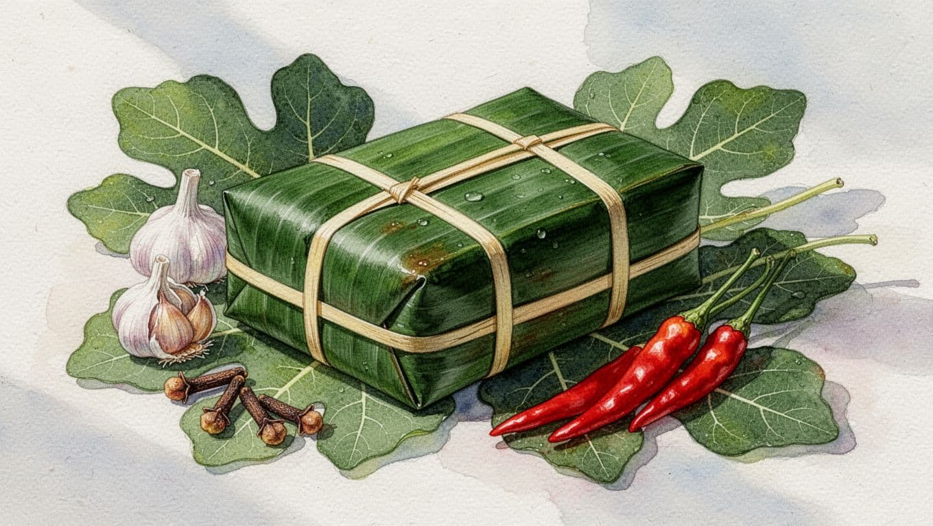Nem chua Thanh Hóa bọc lá chuối, đặt trên lá sung cùng tỏi và ớt.
