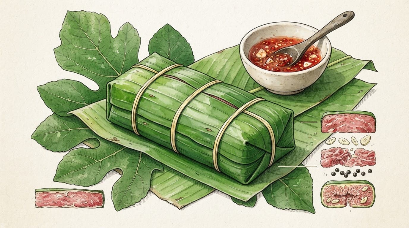 Nem chua Thanh Hóa bọc lá chuối, đặt trên lá sung cạnh bát tương ớt.