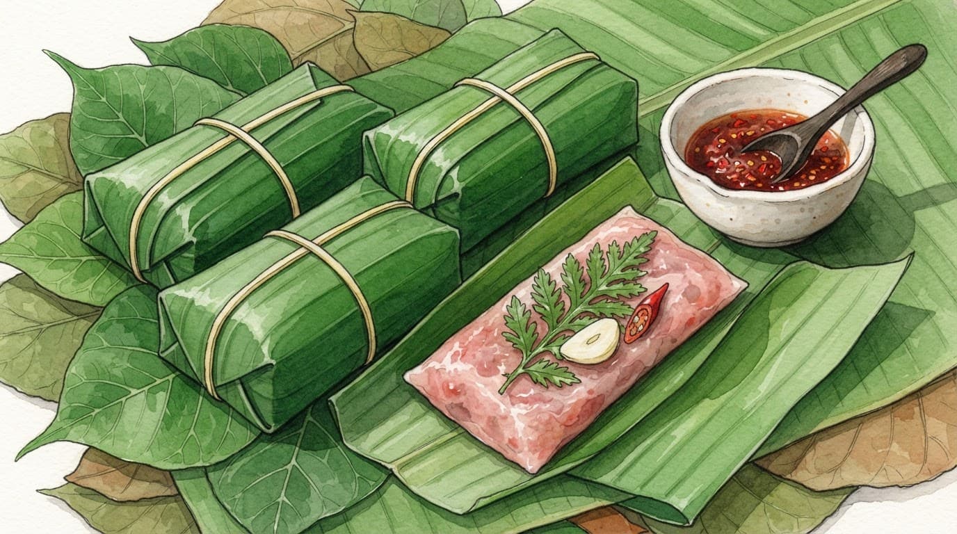 Ba gói nem Thanh Hóa trên lá, một gói mở hé với lá đinh lăng, tỏi, ớt và bát nước chấm.