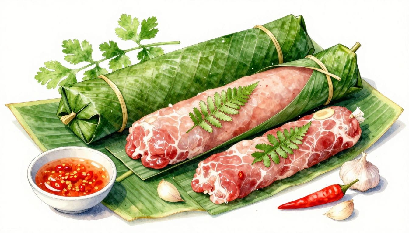 Hai gói nem chua bọc lá chuối mở hé, đặt cạnh bát tương ớt, tỏi và ớt đỏ.