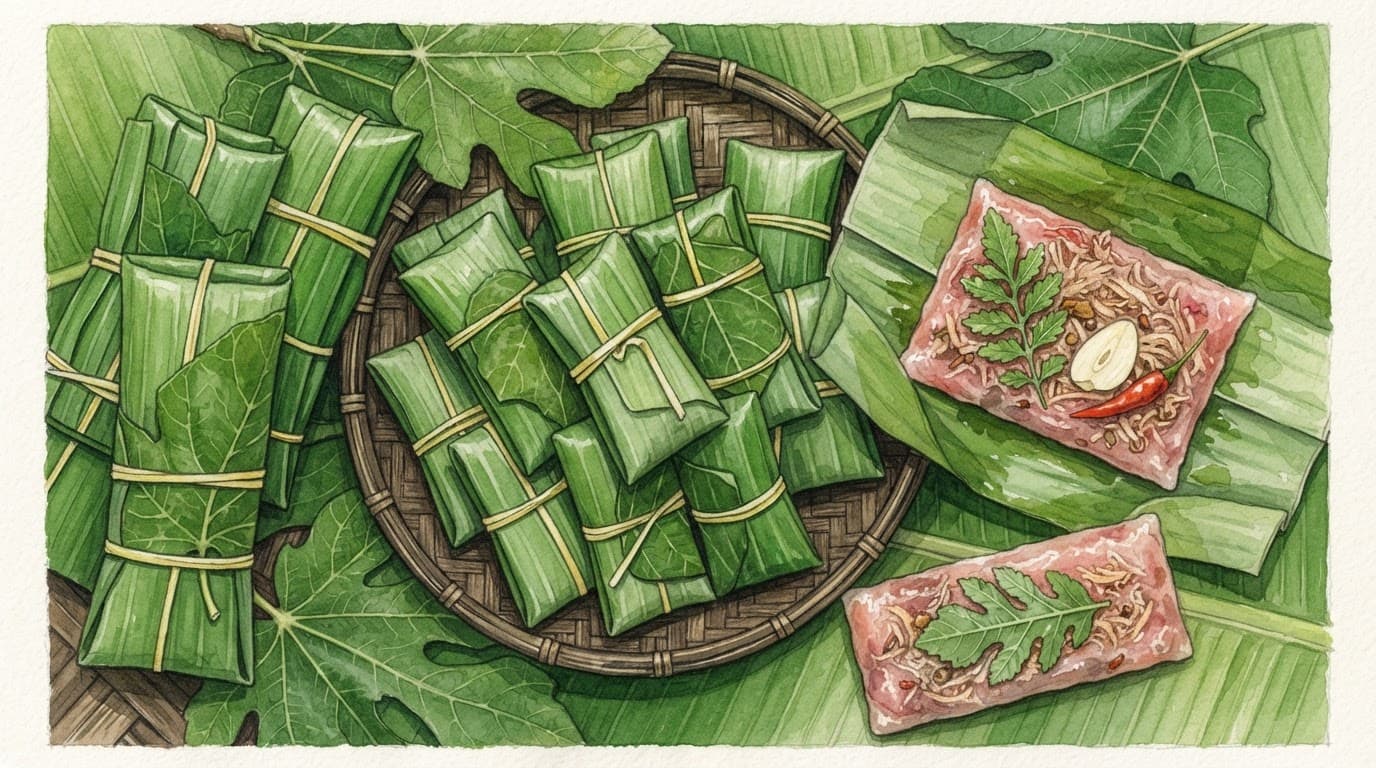 Các gói nem chua trên lá xanh, kèm lát tỏi, ớt đỏ và phần nem hồng hé mở.