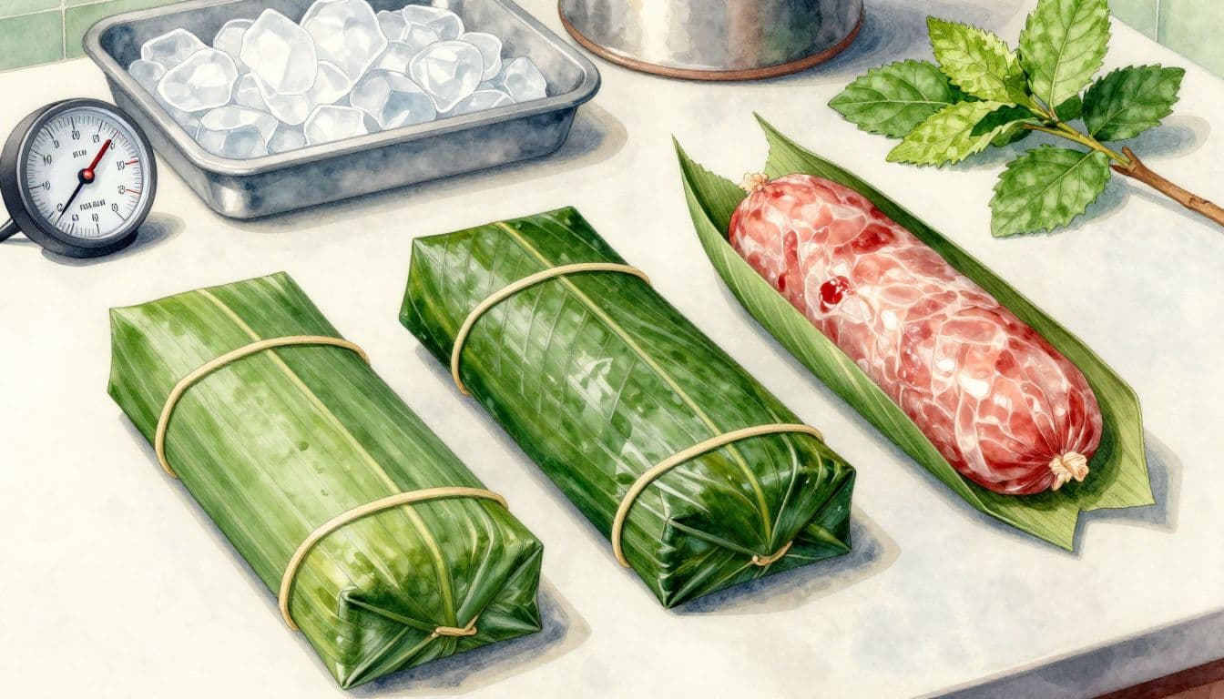 Ba gói nem đặt cạnh nhiệt kế và khay gel đá.