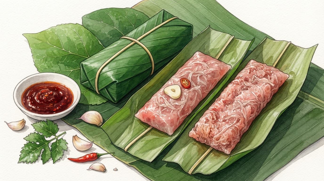 Ba gói nem chua trên lá, gồm một gói kín và hai gói hé mở.