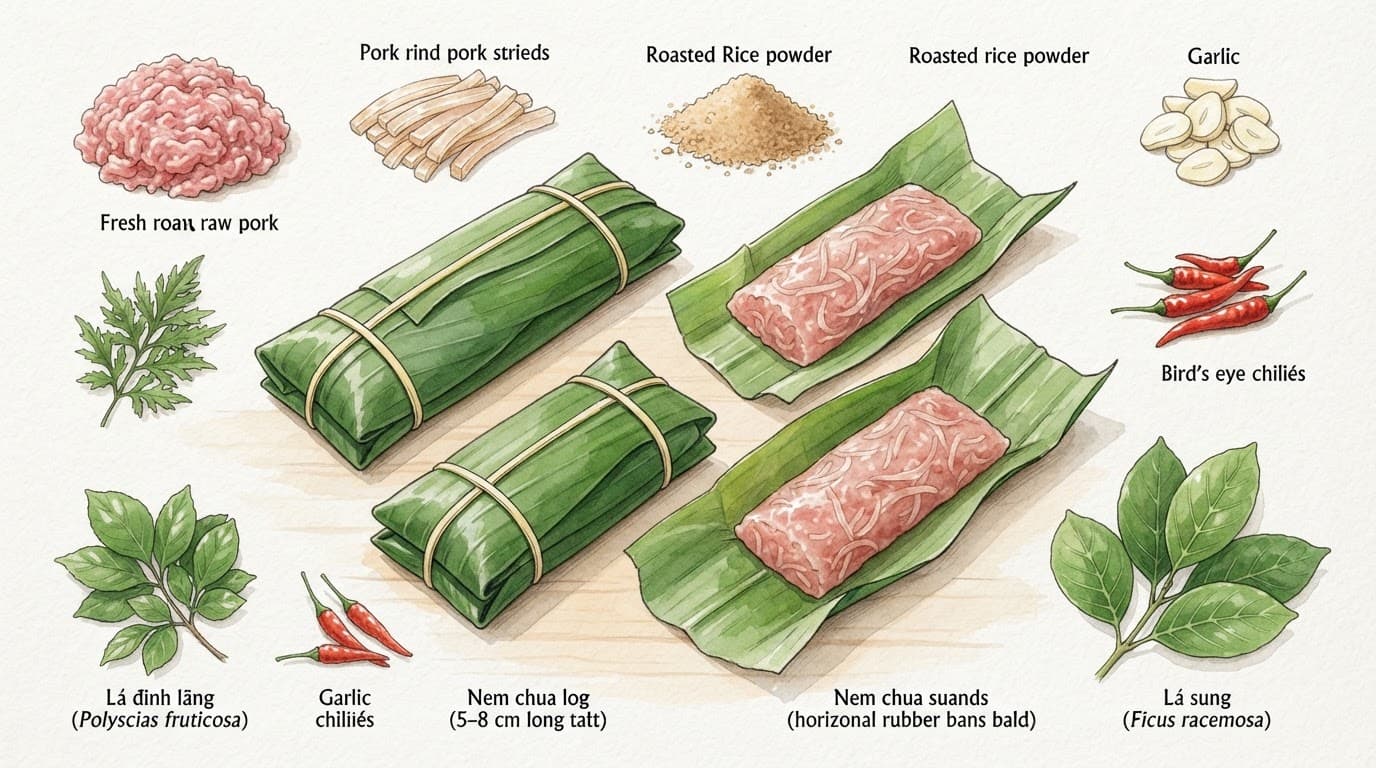 Bốn gói nem chua, gồm hai gói kín và hai gói mở, đặt cạnh nguyên liệu trên bàn.