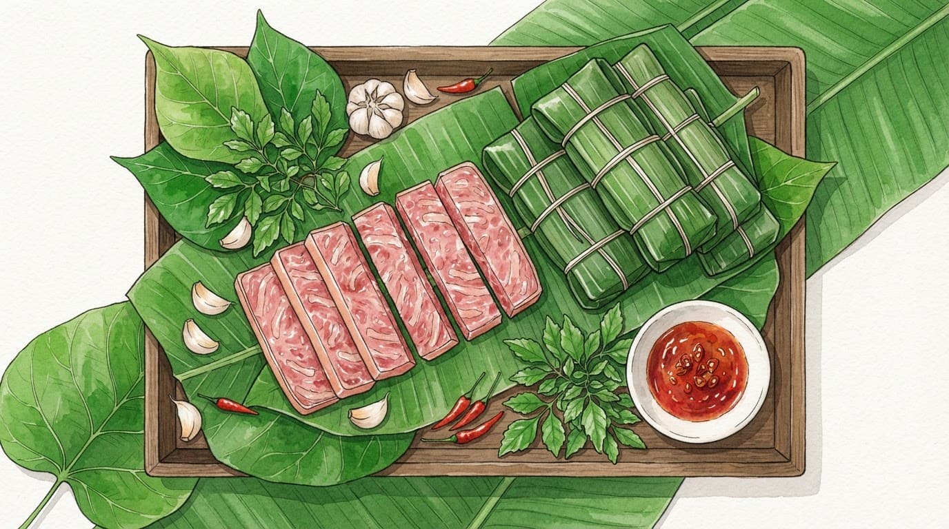 Khay gỗ bày lát nem chua, gói nem, lá xanh, bát tương ớt, tỏi và ớt đỏ.