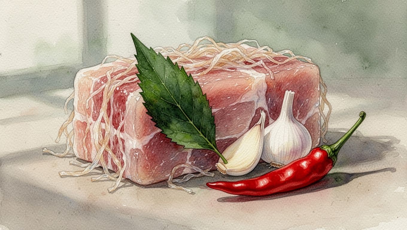 Mặt cắt nem chua hồng trong với lá đinh lăng, lát tỏi và ớt đỏ.