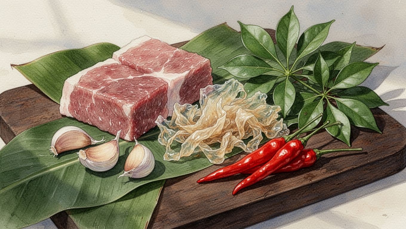 Nguyên liệu thịt, bì, tỏi và ớt chuẩn bị làm nem.