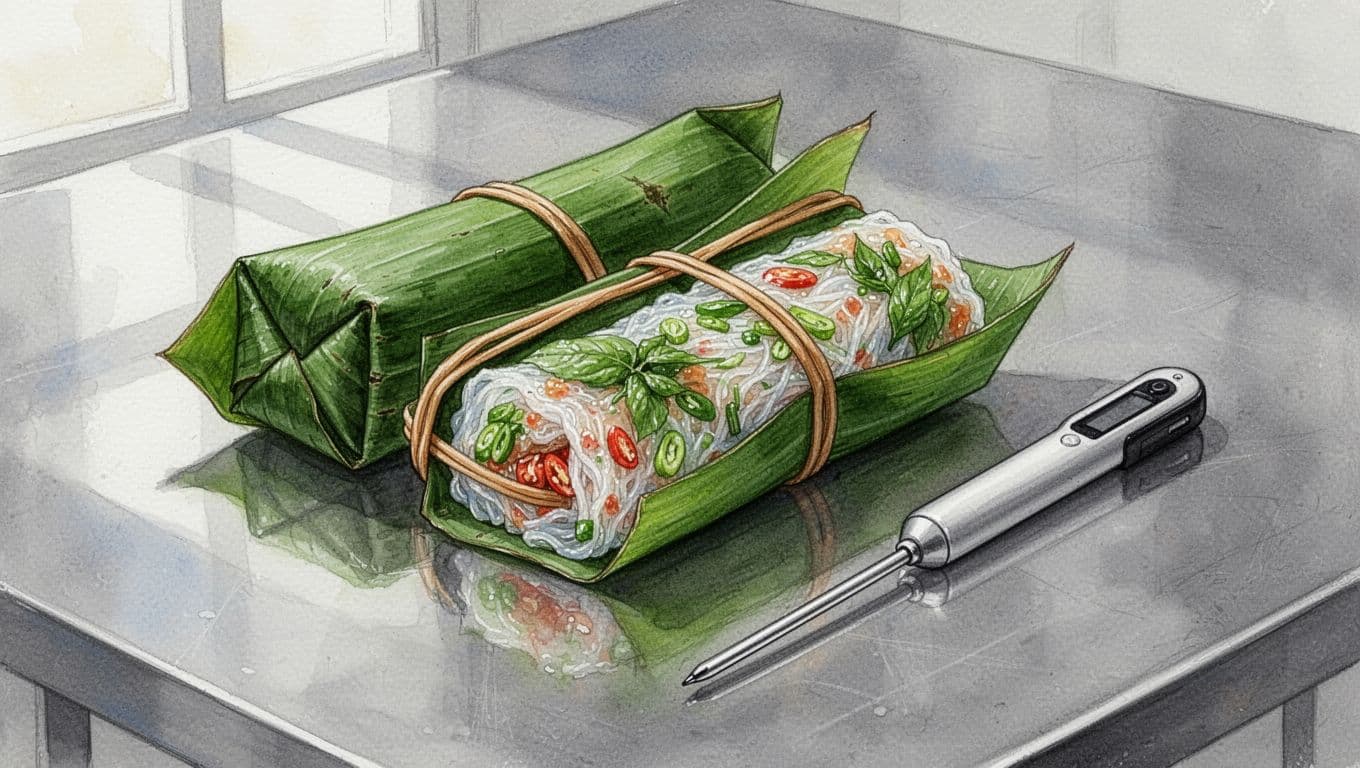 Nem chua Thanh Hóa bọc lá chuối cạnh nhiệt kế thực phẩm trên bàn inox.