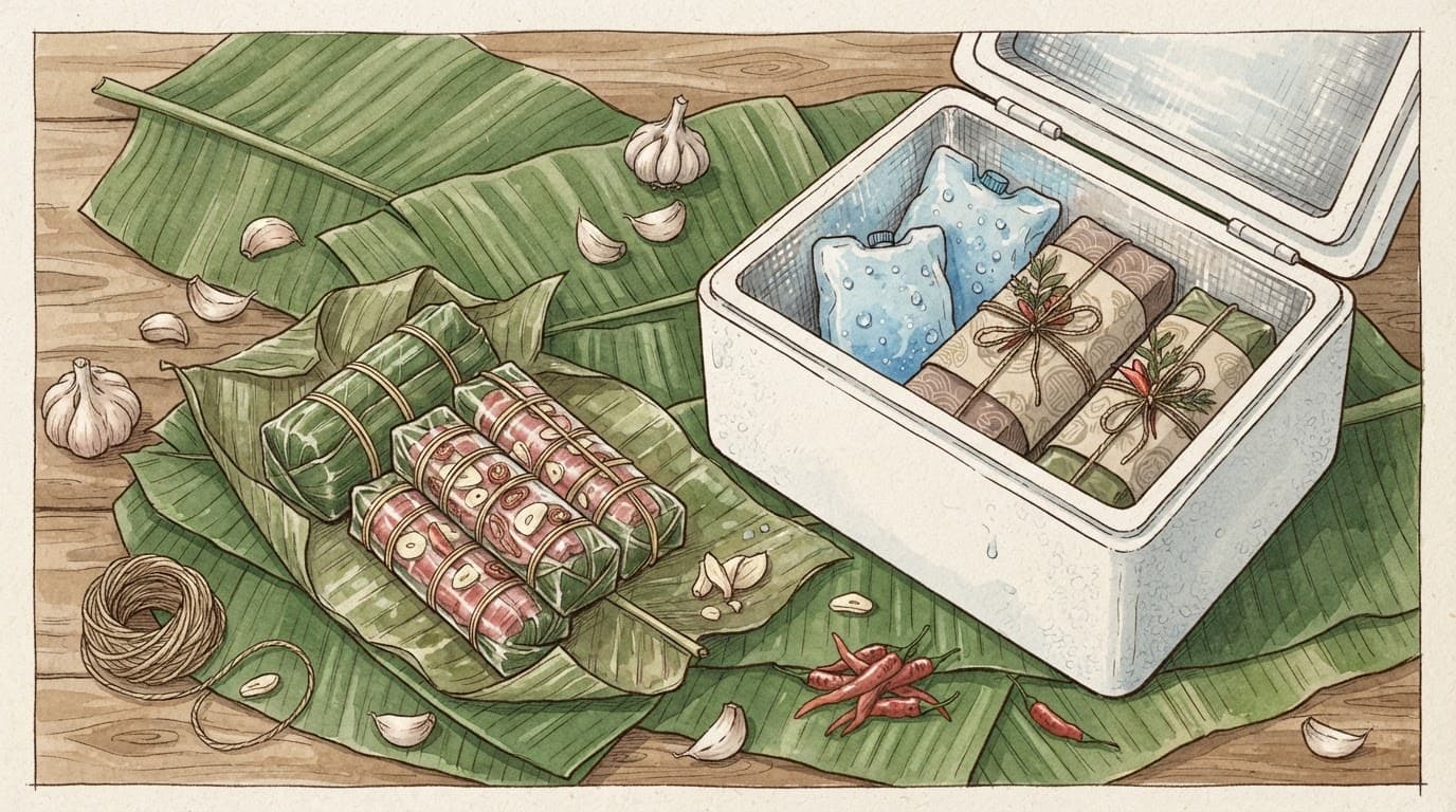 Hộp nem chua Thanh Hóa trong túi giữ nhiệt cùng gel đá, lá chuối và tỏi.