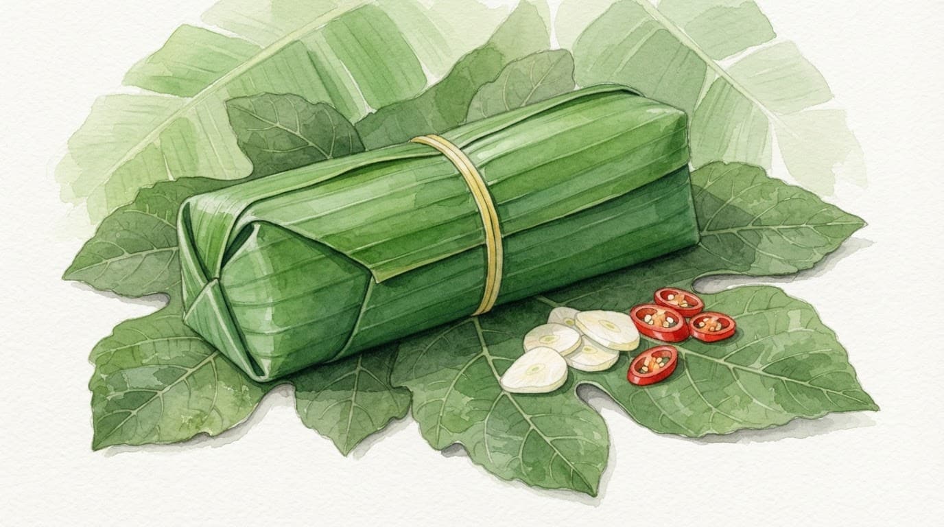 Nem chua Thanh Hóa bọc lá chuối, đặt trên lá sung cùng tỏi và ớt.