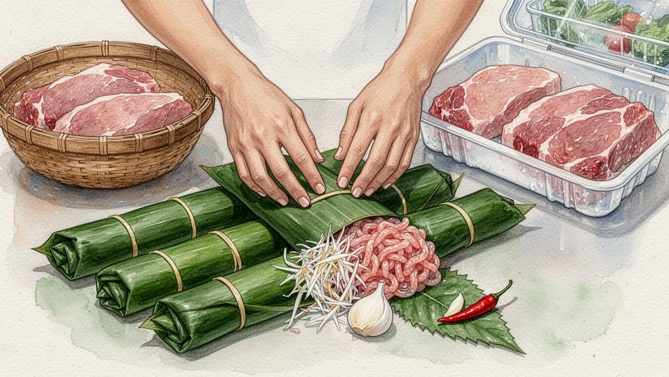 Giỏ chợ và khay thịt lạnh cạnh các gói nem chua lá chuối.