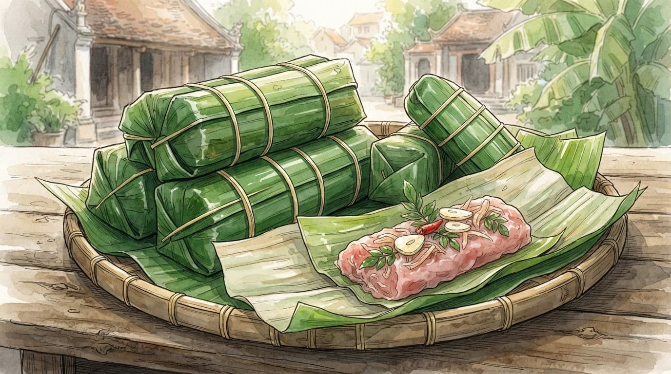 Nem chua Thanh Hóa gói lá chuối xanh đặt trên khay tre với phần nhân thịt hồng.