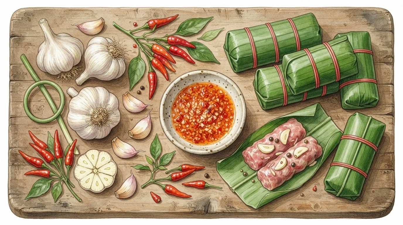 Bát tương ớt nhỏ đặt cạnh nem chua gói lá chuối, tỏi và ớt trên thớt gỗ.