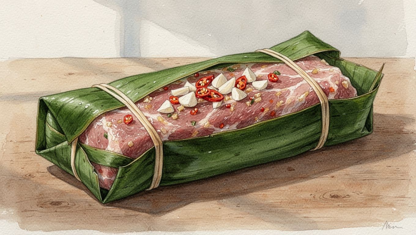 Khối nem chua bọc lá chuối xanh nằm cạnh thịt heo, tỏi và ớt tươi.