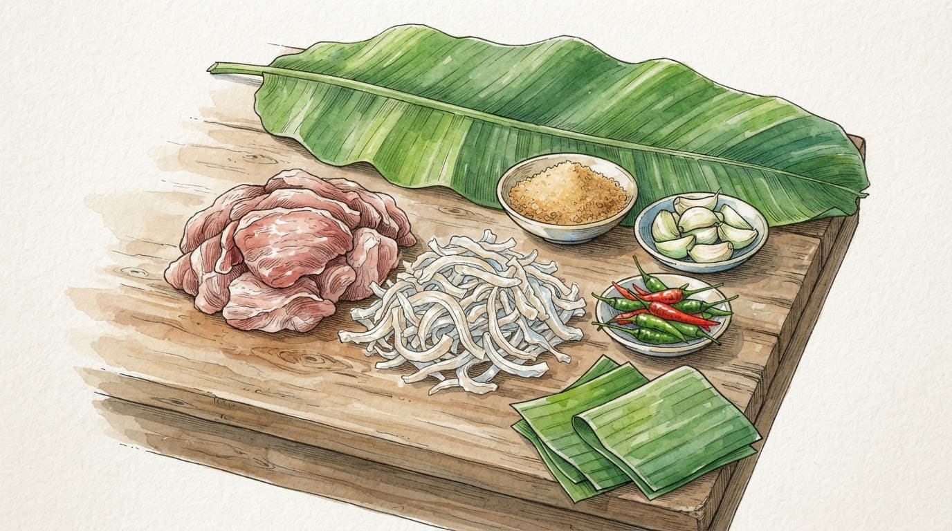 Các nguyên liệu nem chua được bày trên mặt bàn gỗ.