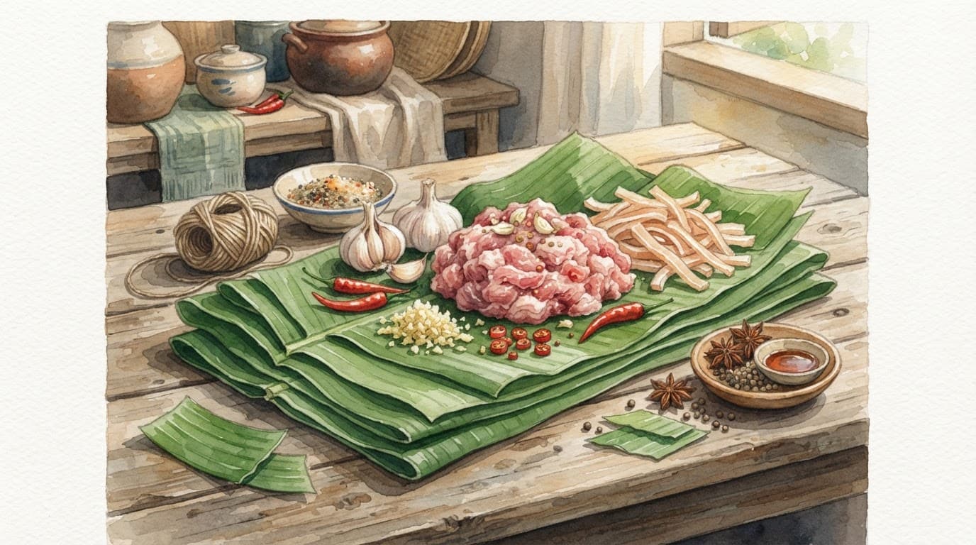 Thịt heo, lá chuối, tỏi và ớt đặt trên bàn gỗ dưới ánh nắng ban mai.