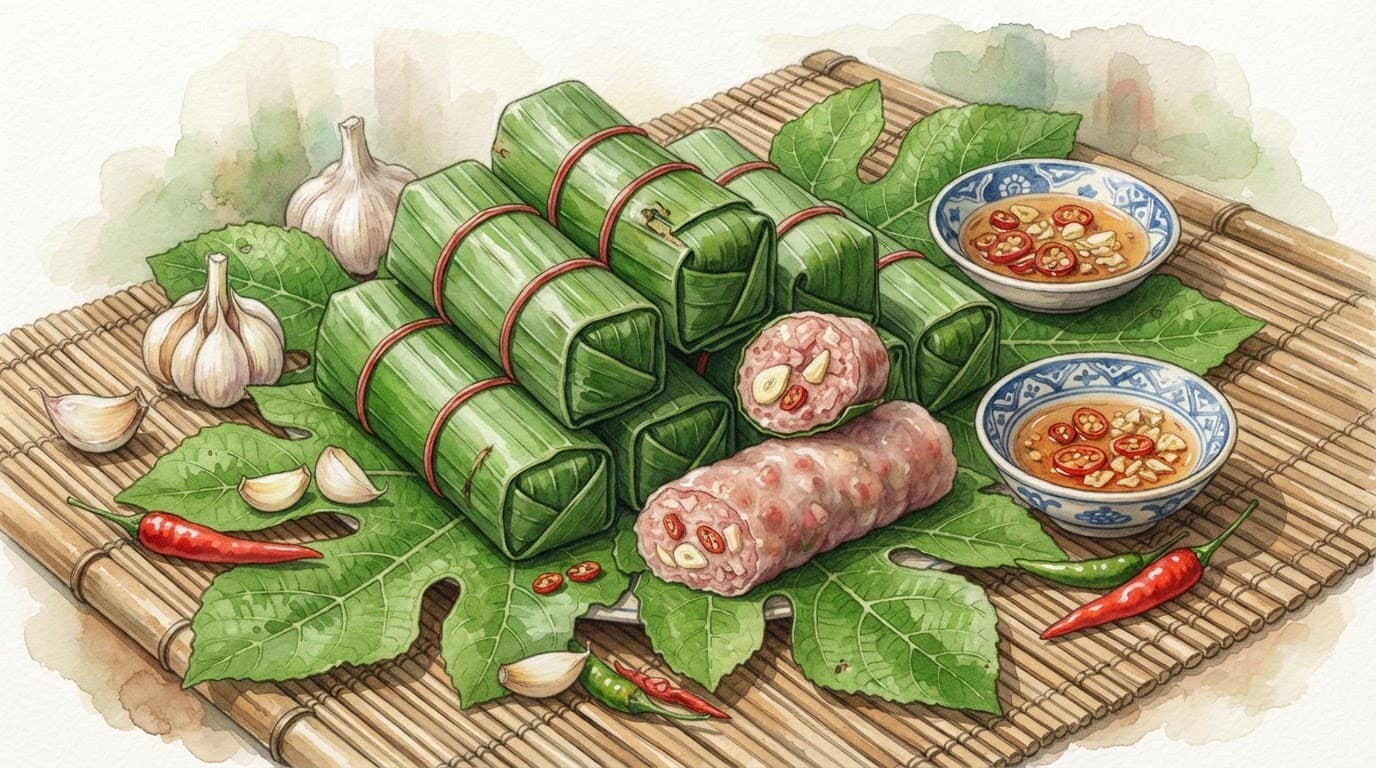 Nem chua Thanh Hóa bọc lá chuối đặt trên lá sung cùng tỏi ớt tươi.