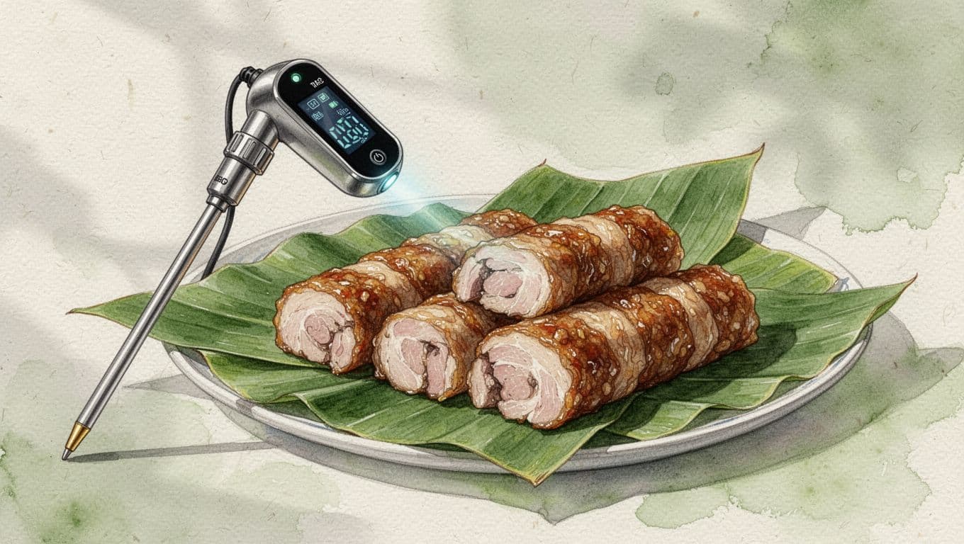 Nhiệt kế hồng ngoại đo mẻ nem chua trên lá chuối xanh.